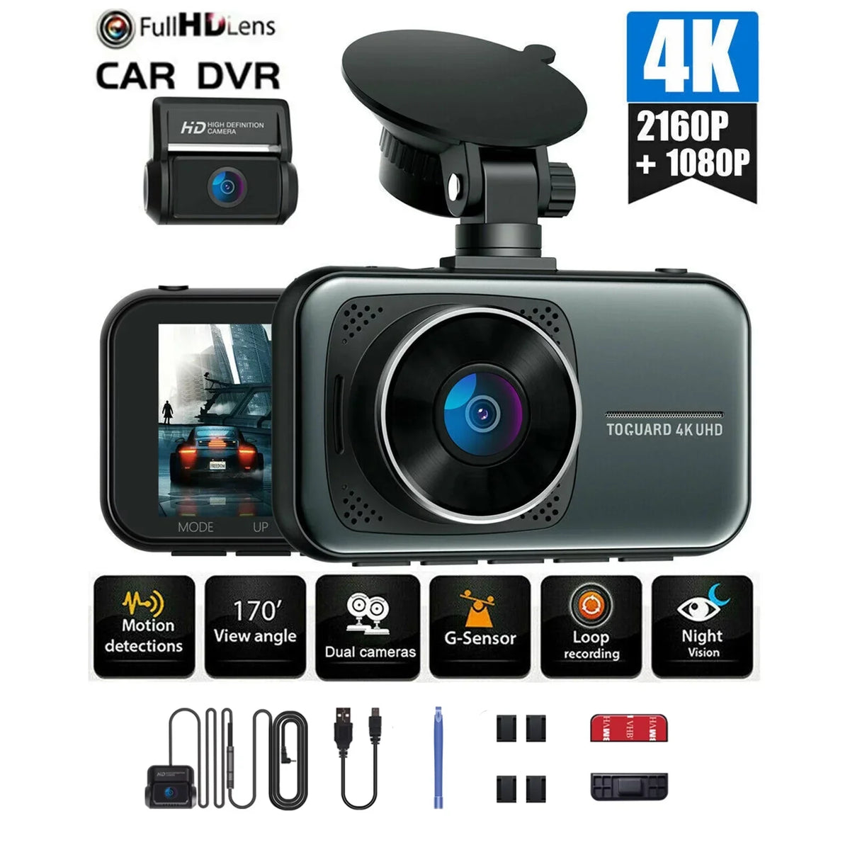 Dash Front Cars, for Rear 256GB with Support Monitor, and 3" Cam Camera Dual Cam 4K+1080P Dash Car Dash Parking