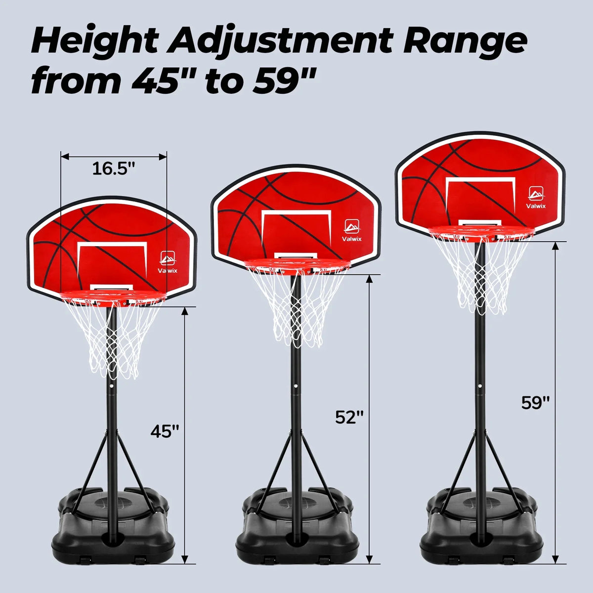Pump Balls Adjustable Basketball Hoop 45"-59" Valwix 2 Swimming Pool And With Height