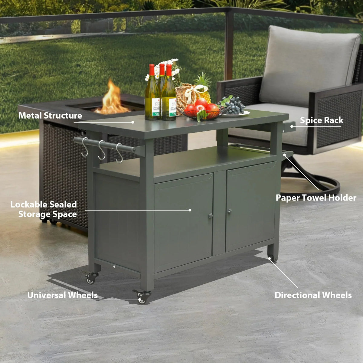 (Grey) Wheels, Island, Kitchen Table Patio, Storage for Prep CoSoTower Cooking Outdoor Kitchen Metal BBQ Carts Grill Outdoor Bar Home Party, with Table Cabinet Dining Table Grill
