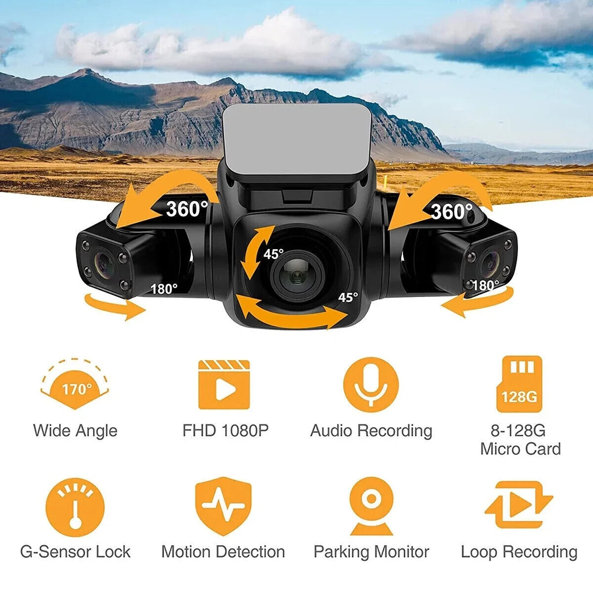 3 Vision Front, Dash Night Driving Car HD Front Rear, Right 360°Panoramic Inside, Left, Rear and Recorder Cameras and Cam Channel