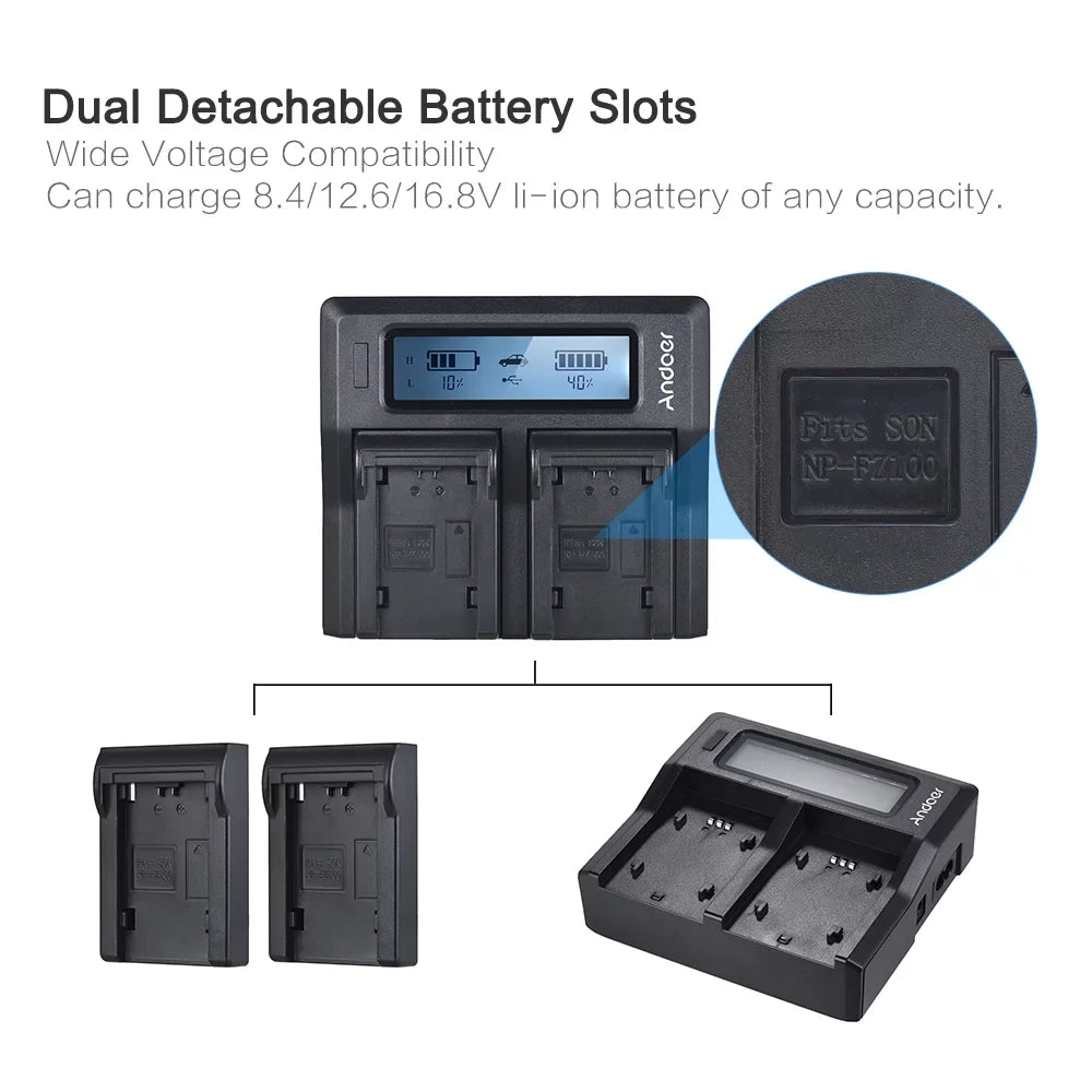 Dual NP-FZ100 LCD Camera A7RIII for Andoer Replacement A7III A9 A7SIII Channel Sony Battery