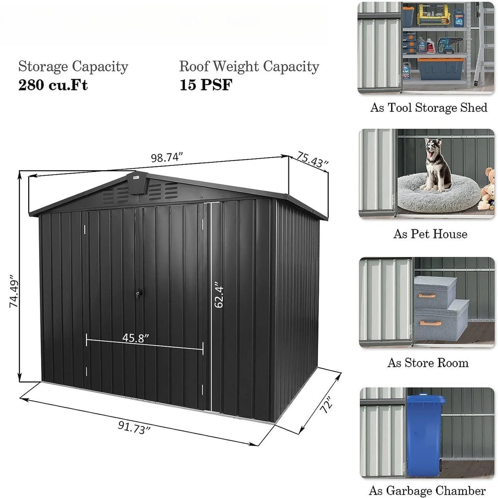 Backyard, Outdoor Door with Trash Black Storage Metal Galvanized Bike, Can, Shed, Capri for 6.2' 8.2'x Shed Storage for Patio, Lockable Outdoor Steel Garden Cabinet Lawn,