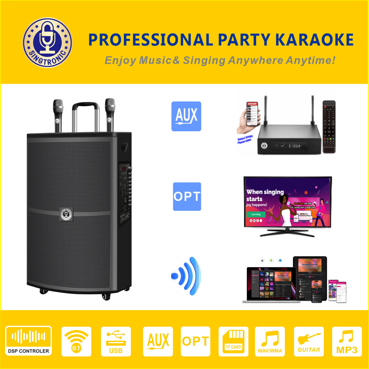 With UHF 15" Wireless Rechargeable Singtronic BT-1500DSP 2 Speaker Karaoke Mic. DSP Professional