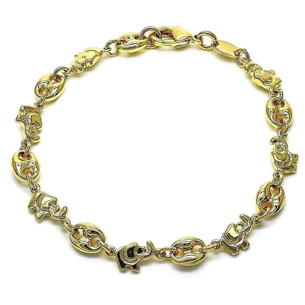 MARINER PLATED BRACELET PUFFED GOLD LINKED AND M657 ELEPHANTS WITH LINKS 14K 7"