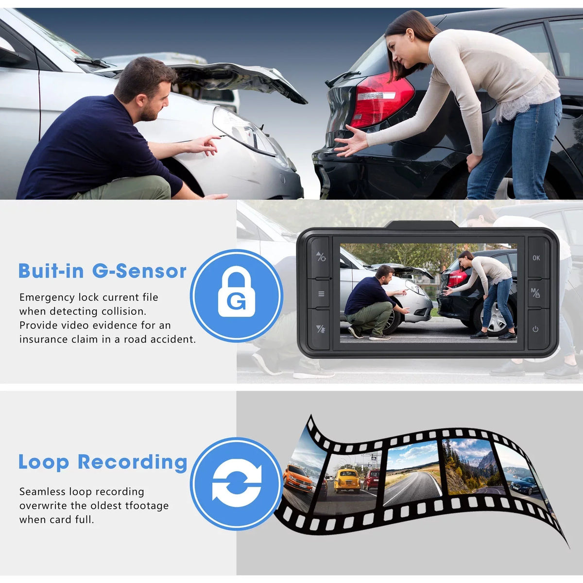Cam Rear Recording WDR Black Dual IPS Camera GPS Dash Front G-Sensor Dash Camera 1080P FHD Car 3" TOGUARD and Loop