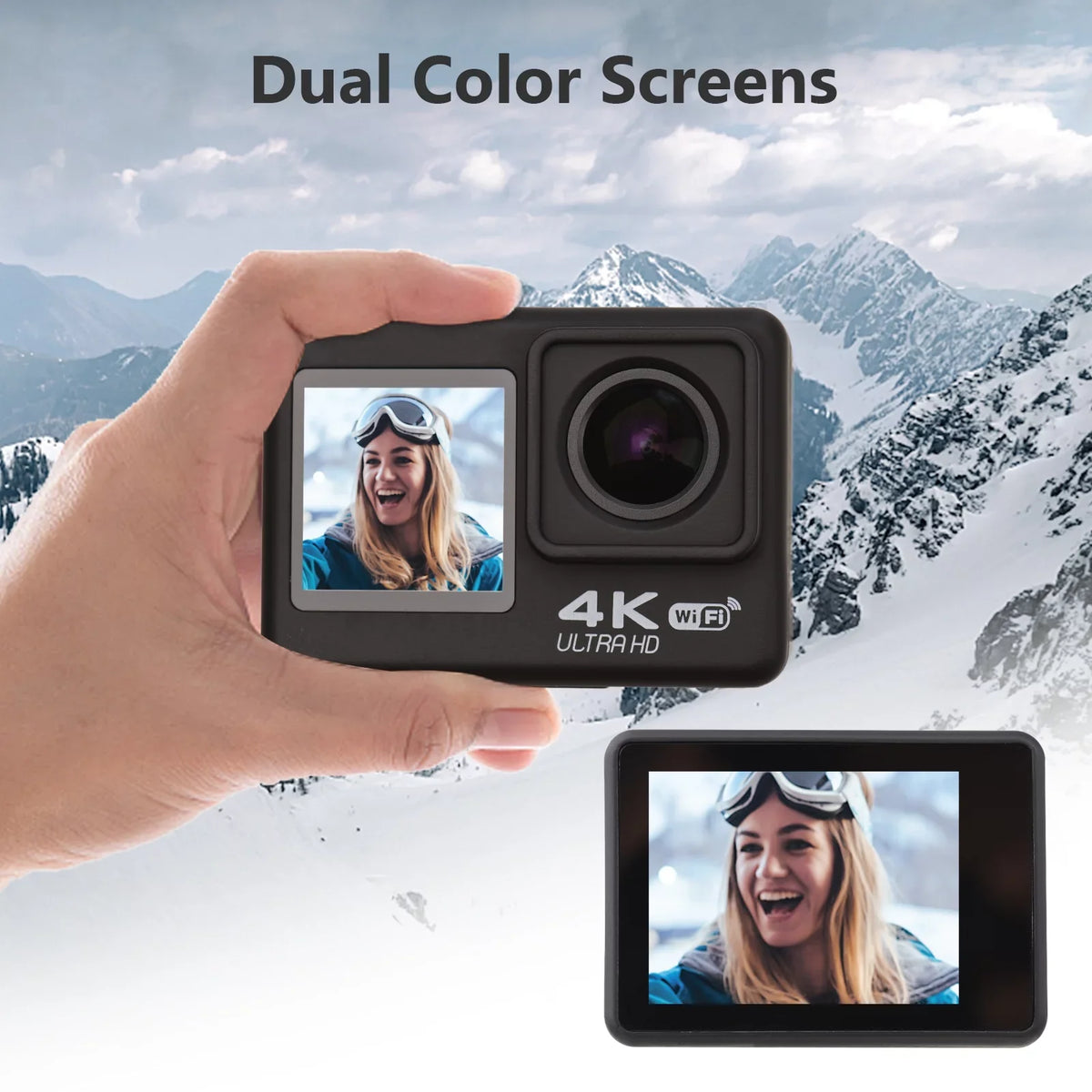 Screen, WiFi Dual Ultra Black Waterproof, Wide Camera, Kit, 30 Angle, Accessories 170° Mounting Definition Meters Action Radirus with High Camera 4K60FPS Sports