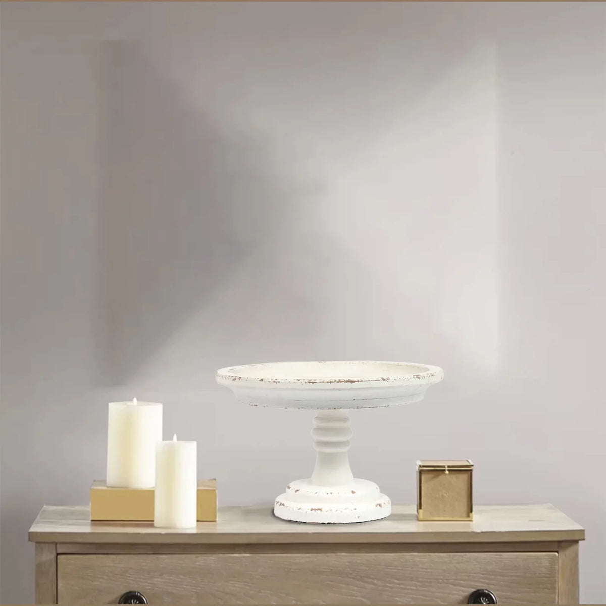 Farmhouse Finished SOFE Stand Cake Distressed Wood Round Table Decoration White 11"x 7", for