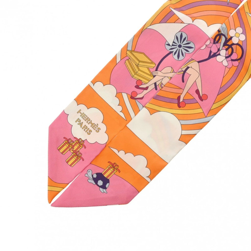 Volants HERMES New) Scarf Women's Pre-Owned Silk Twilly - (Like Carres Orange/Rose/Mauve 100% Muffler