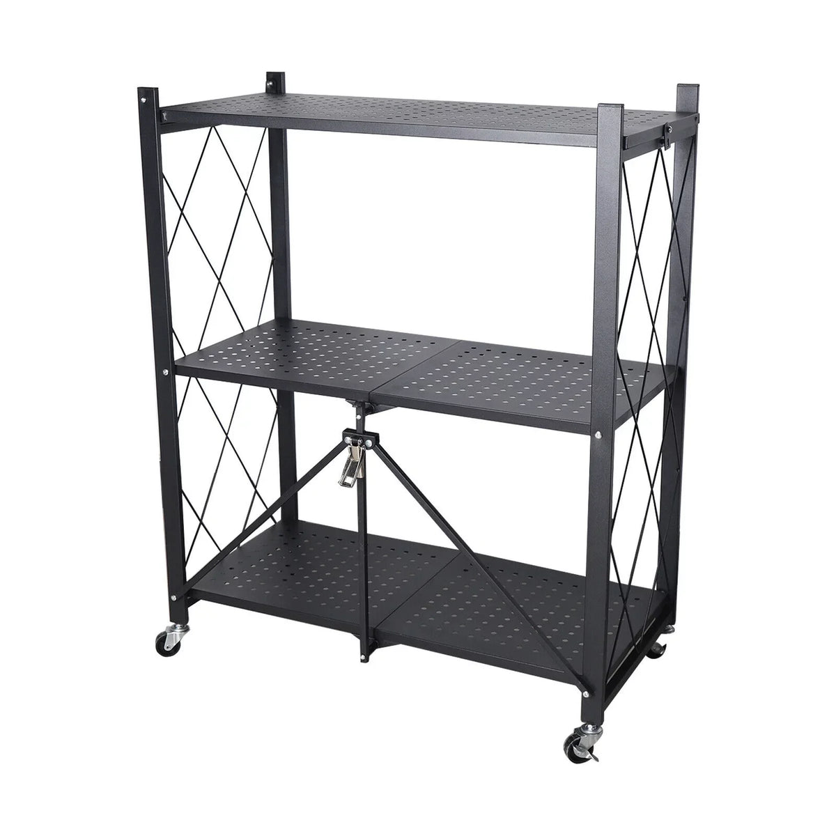 Foldable Storage Metal Rolling Rack Holder Kitchen Cart Wheel with Movable Shelves Trolley Utility Miumaeov 3-Tier (Black)