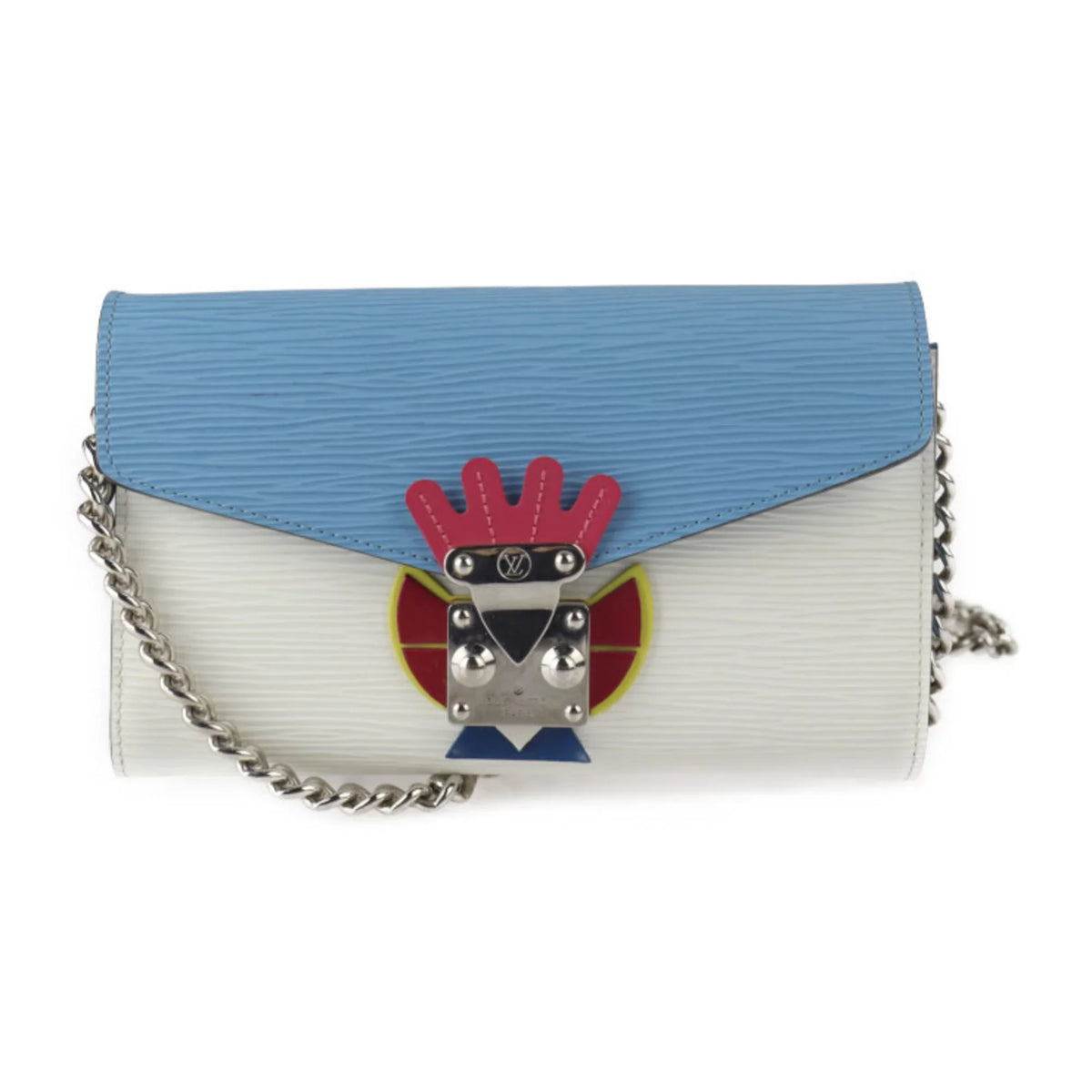 Wallet Shoulder Tribal Mask Leather VUITTON LOUIS Silver White (Good) Pre-Owned Louis Blue Hardware Bag Chain Vuitton Series Epi Long M60795 Multicolor