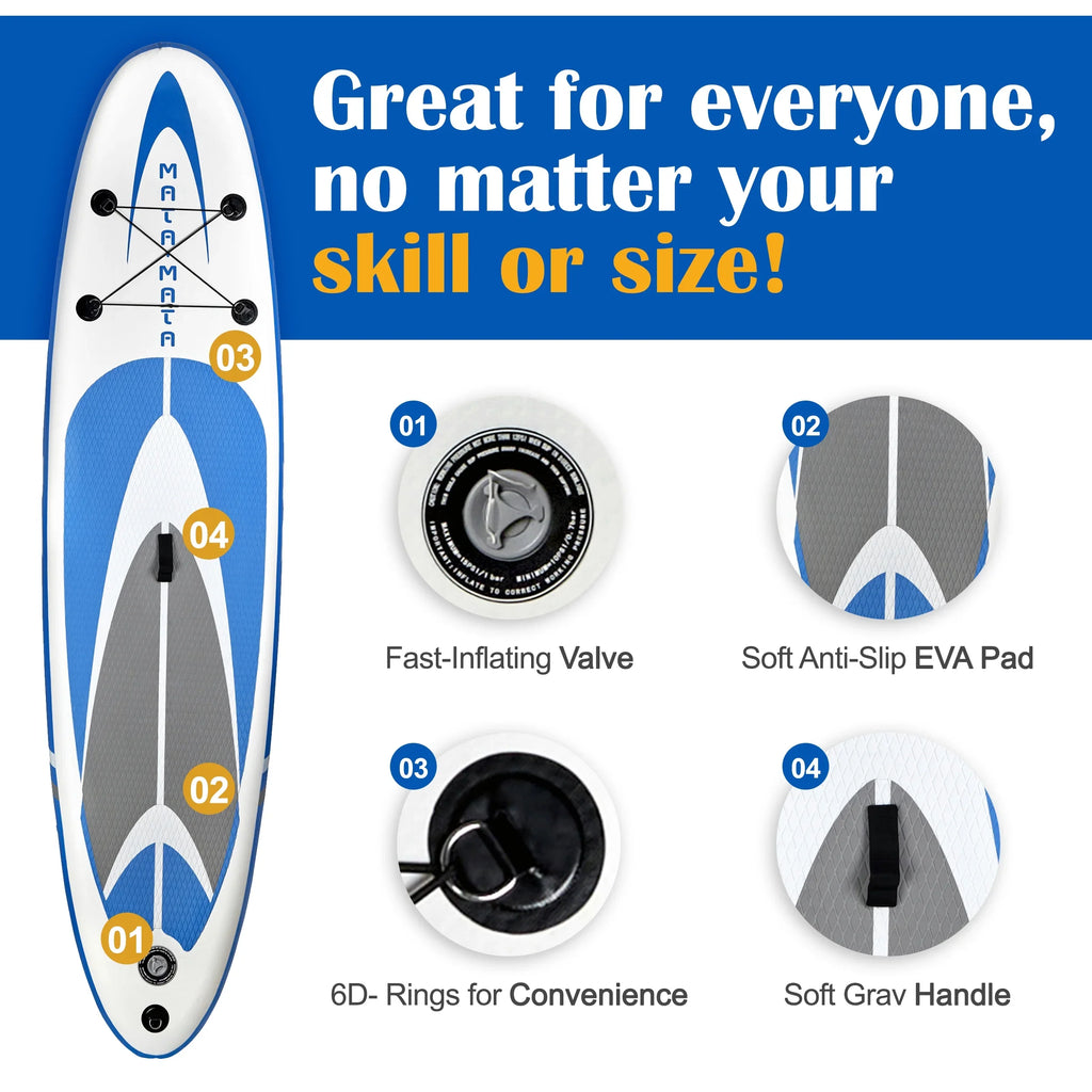 Non-Slip Accessories Backpack, Premium with 10' Up Bag, MATA Stream and Stand & SUP Paddle Deck, MATA Board Leash Hand Pump Blue Paddle, Waterproof