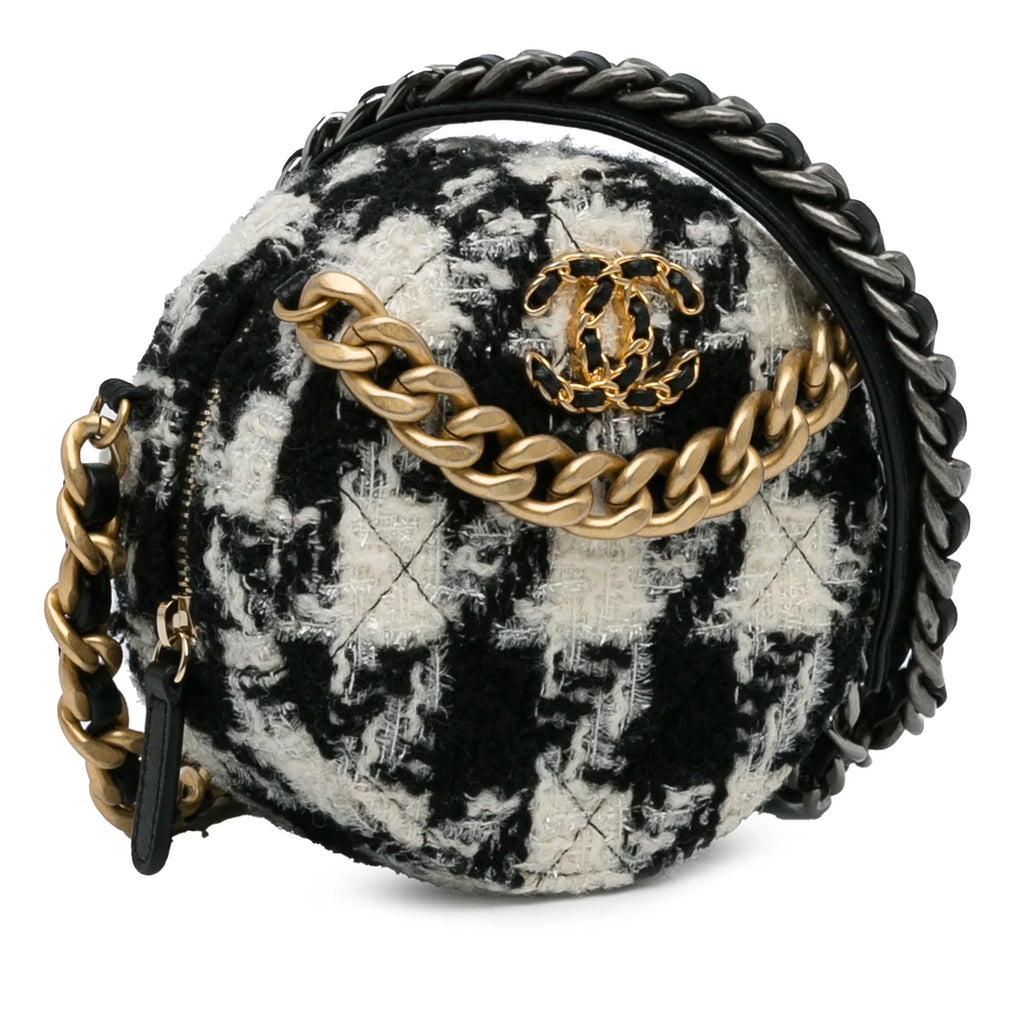 Crossbody Unisex Chanel and (Good) Black Purse with Lambskin Clutch Fabric 19 Chain Coin Round Tweed Pre-Owned Authenticated Bag