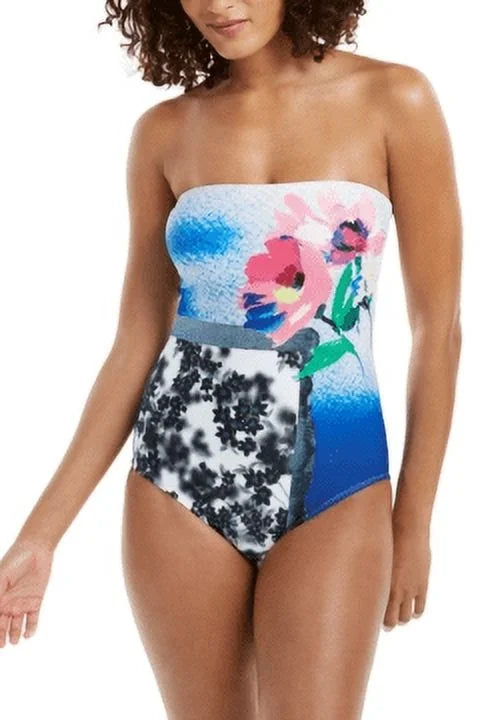 Calvin One-Piece STRIPES Bandeau 16 Klein MULTI ATLANTIS NEON US Swimsuit,