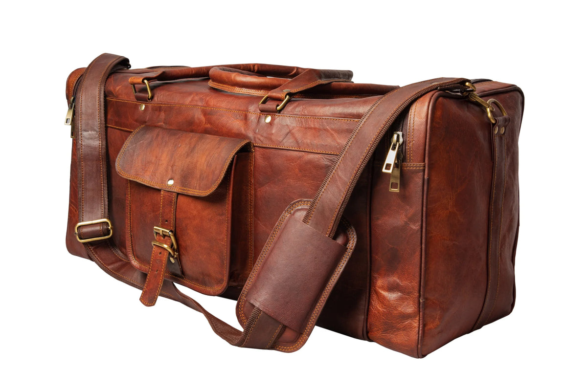 Duffle Square Handmade Leather Bag. Travel Brown Weekender