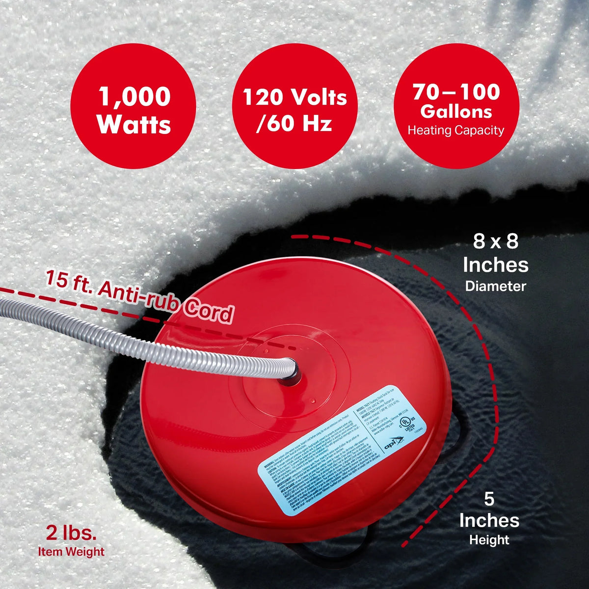 Red Heater, Deicer Stock Winter Floating API 1000 Watt & Thermostatic Tank
