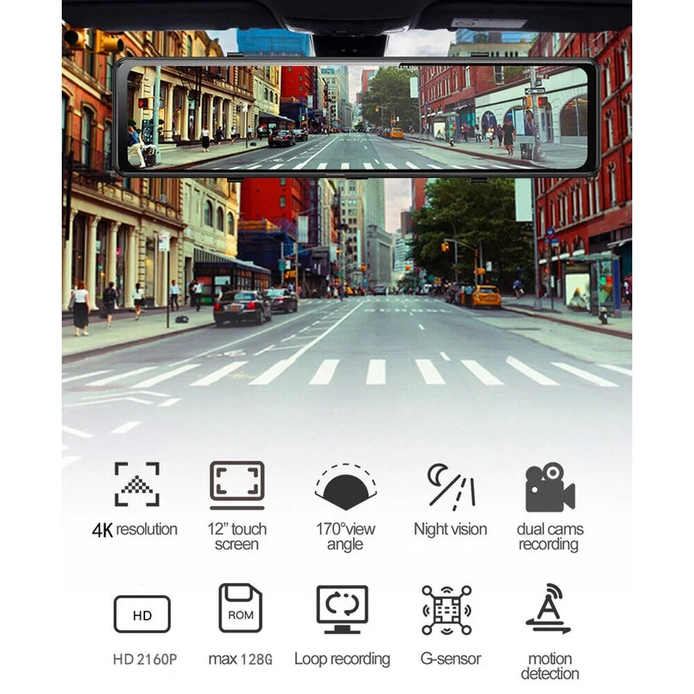View Dual 12" Control Cam Car GPS Backup Mirror 4K Rear Camera WiFi Dash Voice Paddsun