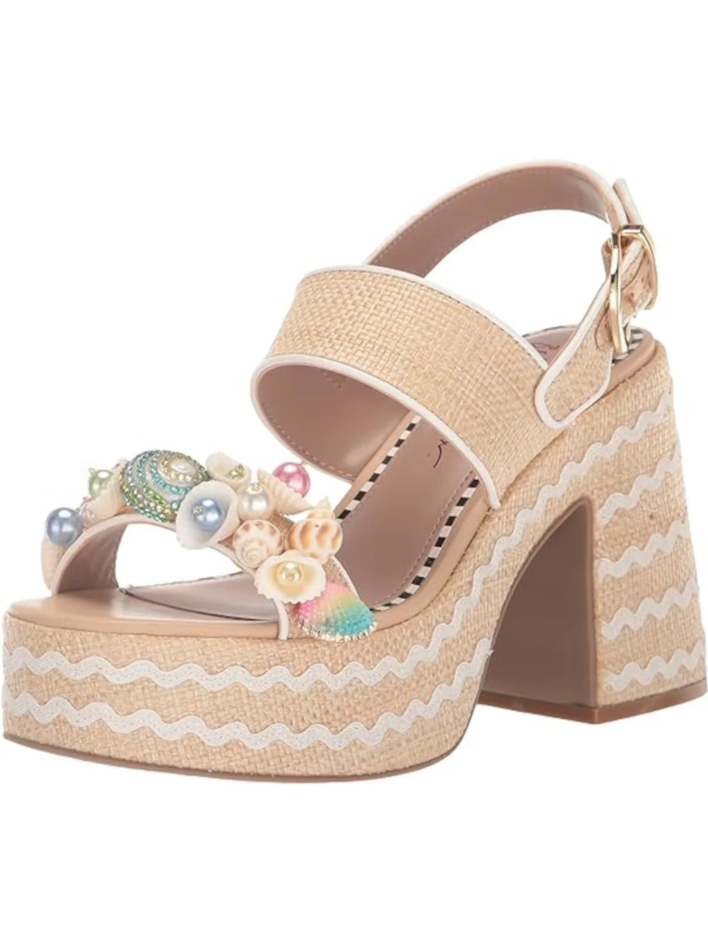 Beige Shellie Buckle Block Media Round Woven Slingback Heel 10 Mixed Womens Platform M Sandal BETSEY Toe Embellished 2" JOHNSON