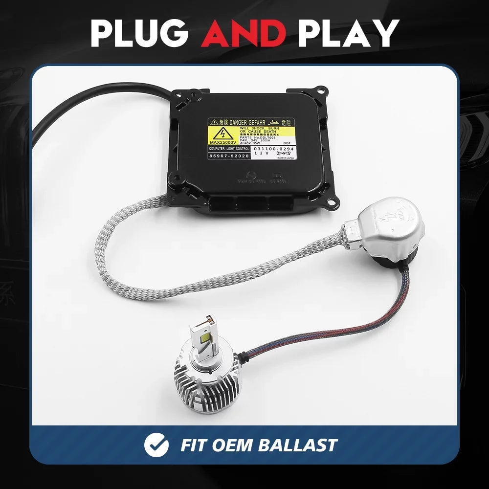 45V and Lamps Error White Xenon Headlight Beam Play HID Light VEHICODE Beam 6000K Free Bulb CANBus with Kit Automotive (2 Pack) Plug LED Low High Replacement D4S and D4R Ballast 35W Conversion