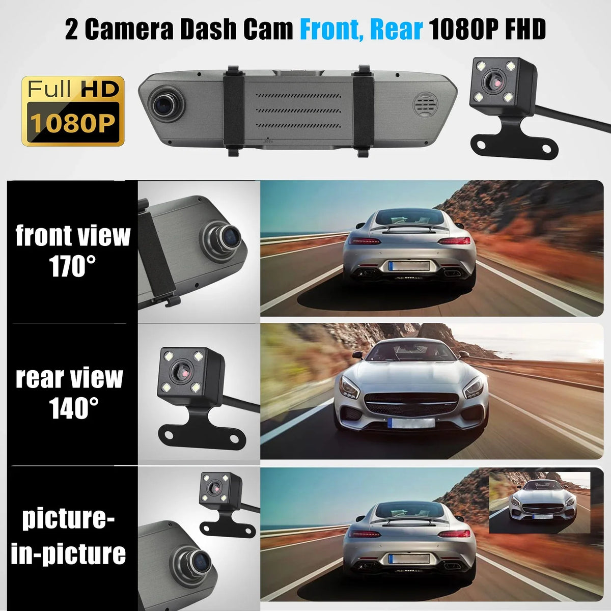 and Wide-Angle View Camera, Cars, for Cam Lens Dash with EEEkit Dash Night Car 7inch Screen Touch 170° Camera G-Sensor, 1080P Mirror Rear Mirror Front Dual Vision, Camera Motion Detection,