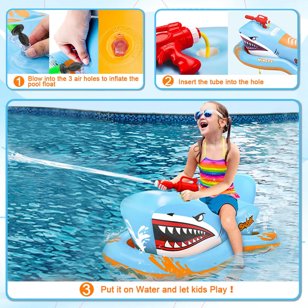 Pool for Pool Game Toys Pool Kids,Shark Boys 3-12 Waterpistol Age Girls with Kid Floats Ride-on for