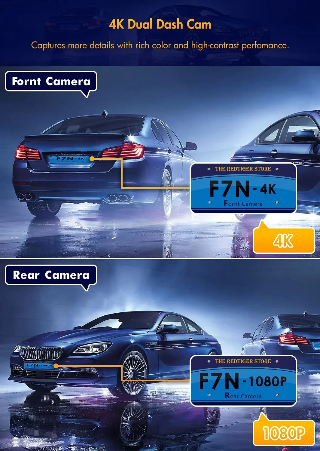 Dash Front Cars, for Rear 256GB with Support Monitor, and 3" Cam Camera Dual Cam 4K+1080P Dash Car Dash Parking