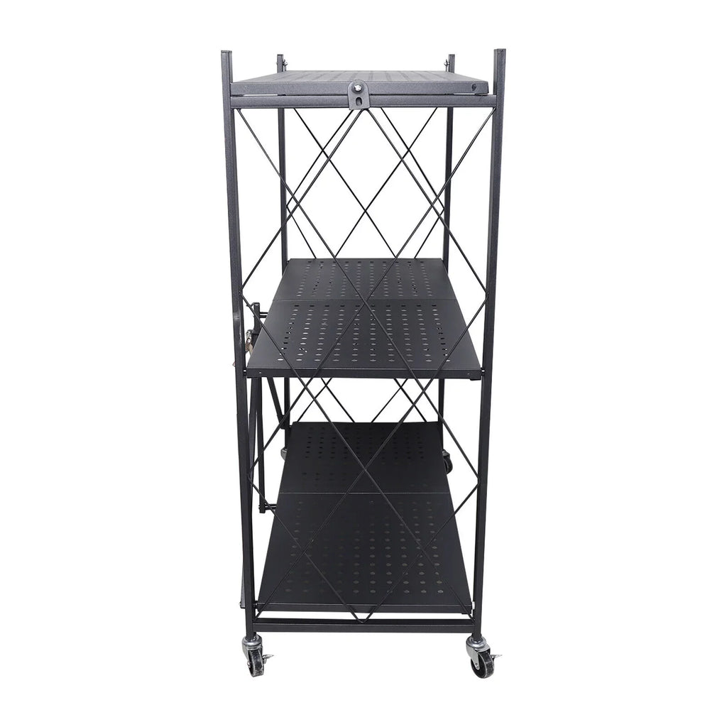 Foldable Storage Metal Rolling Rack Holder Kitchen Cart Wheel with Movable Shelves Trolley Utility Miumaeov 3-Tier (Black)