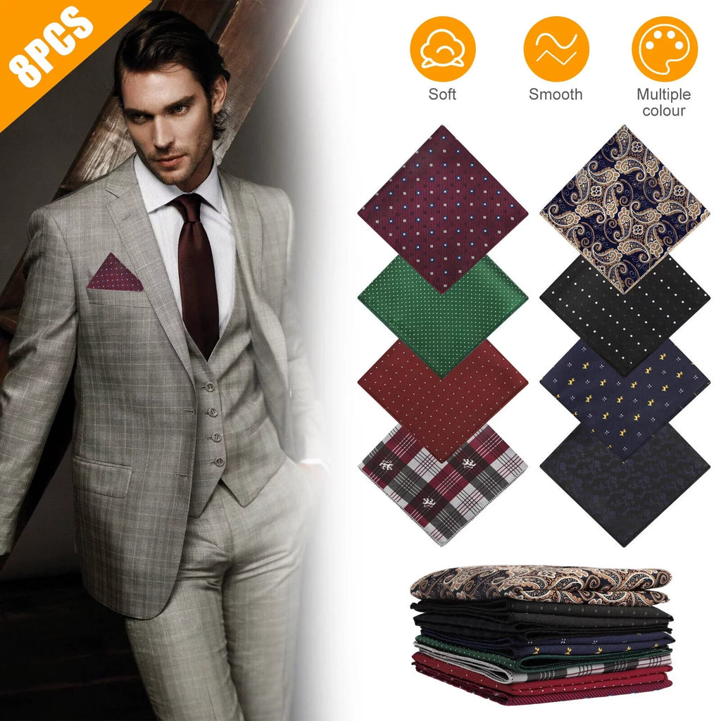 Silk Square Party Dot Handkerchief 8PCS Fashion Pocket Men Wedding Floral Hanky