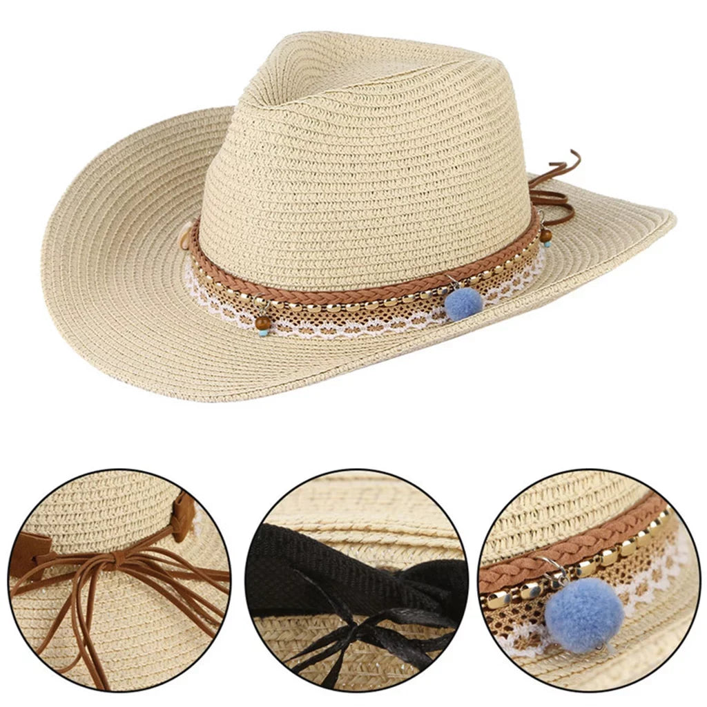 Straw Sun Beige Cowboy Style Hat Packable Brim Floppy Women Trilby Big Western