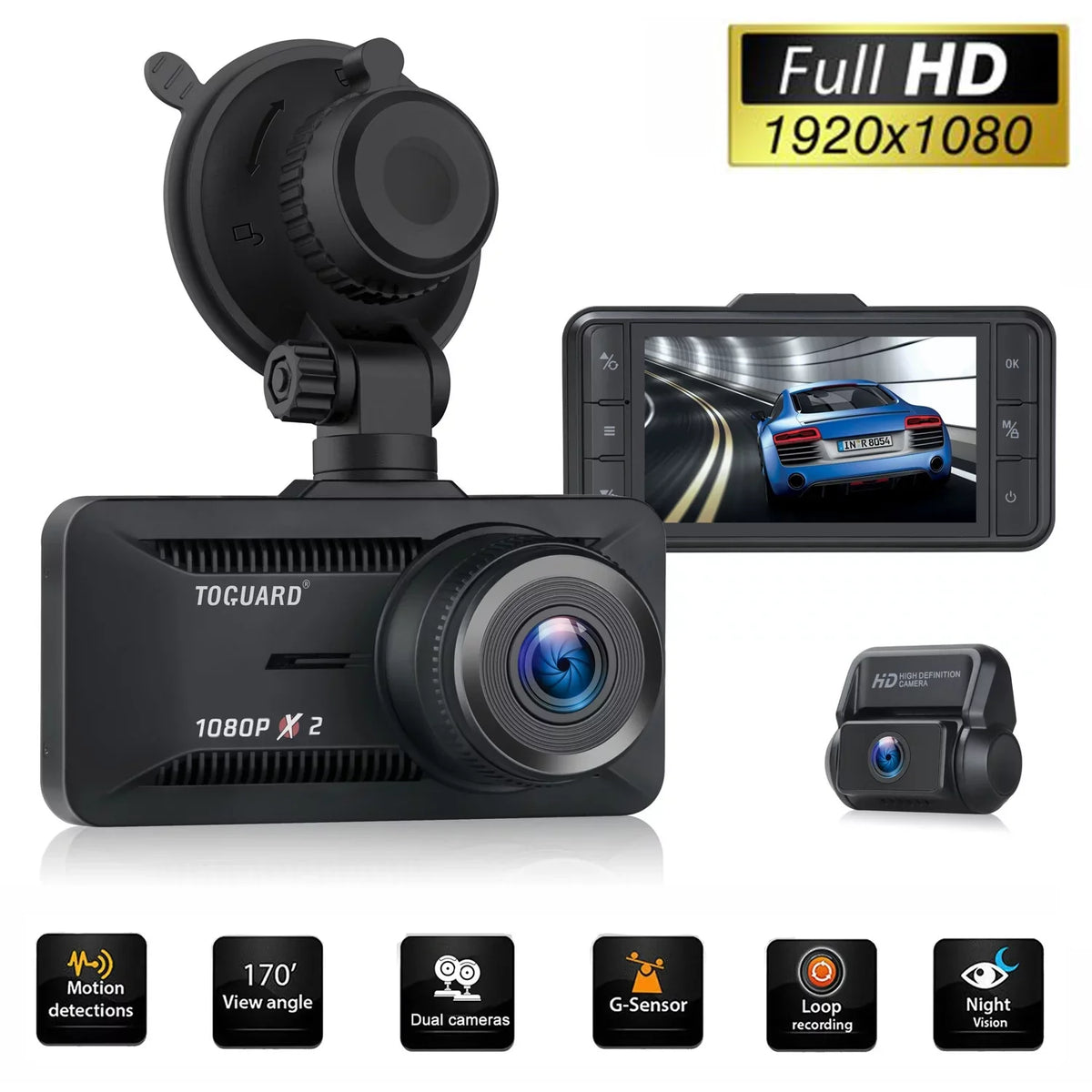 Cam Rear Recording WDR Black Dual IPS Camera GPS Dash Front G-Sensor Dash Camera 1080P FHD Car 3" TOGUARD and Loop
