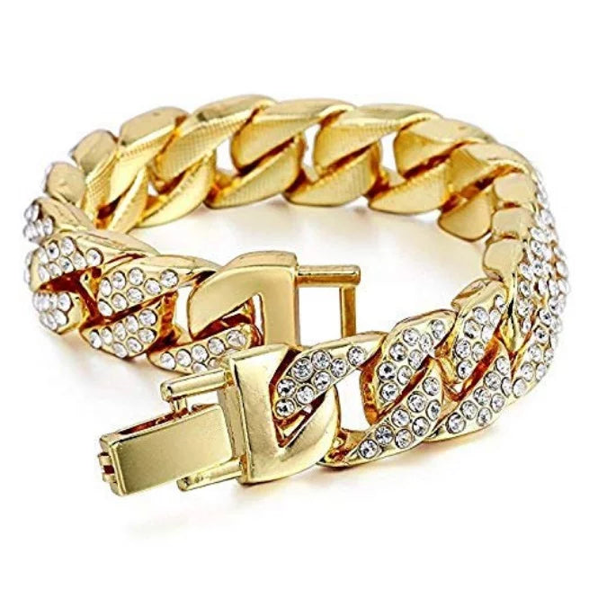 '- Out Ring Mens King 3pc Cuban w/Bling-ed Bracelet Out L0504 Luxury Bling-ed BR Round Iced #Blue) Watch Set(11,Gold Set and