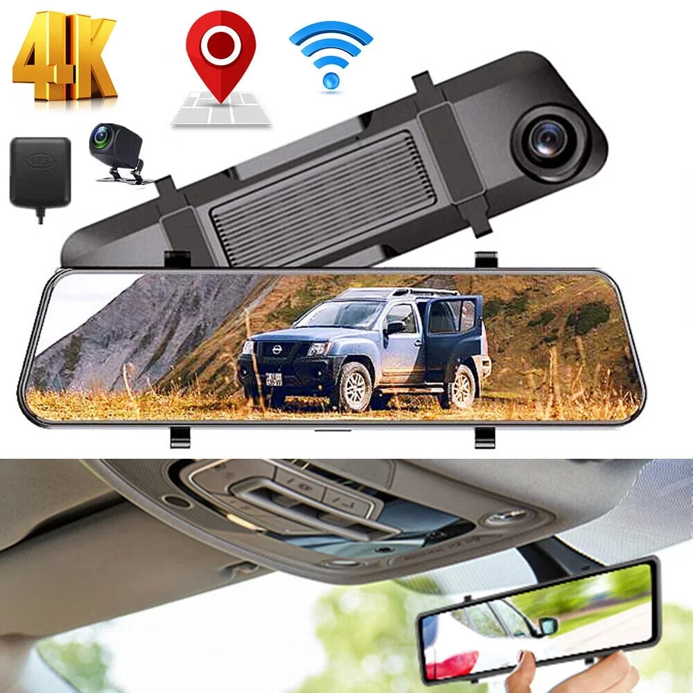 View Dual 12" Control Cam Car GPS Backup Mirror 4K Rear Camera WiFi Dash Voice Paddsun