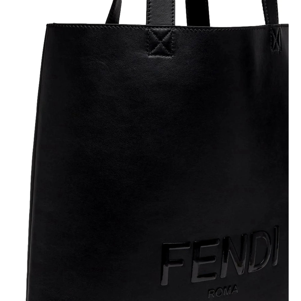 Large Calf Shopping Tote Black Embossed Leather Fendi Bag Roma Logo