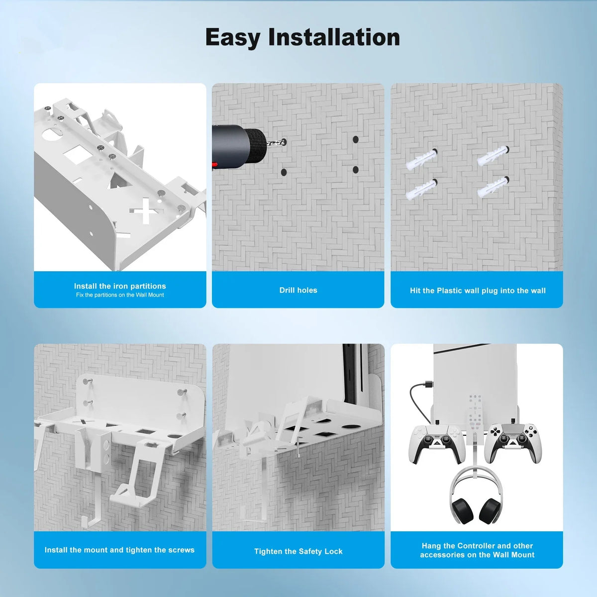 Cable Space-Saving, PS5 Durable Charging Slim Convenient for Wall Storage Mount Bracket Secure, and with Iron Set Dual