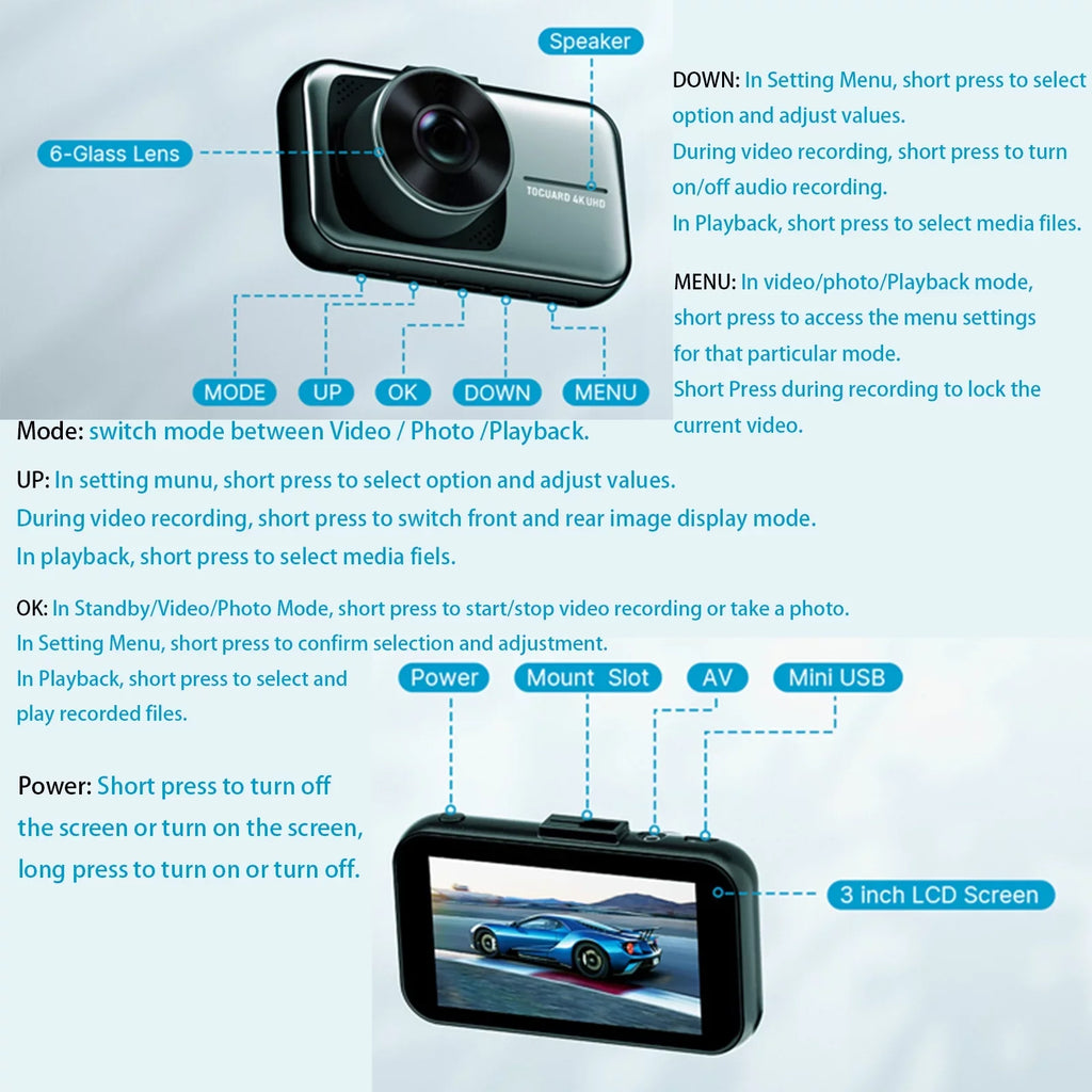 Dash Front Cars, for Rear 256GB with Support Monitor, and 3" Cam Camera Dual Cam 4K+1080P Dash Car Dash Parking