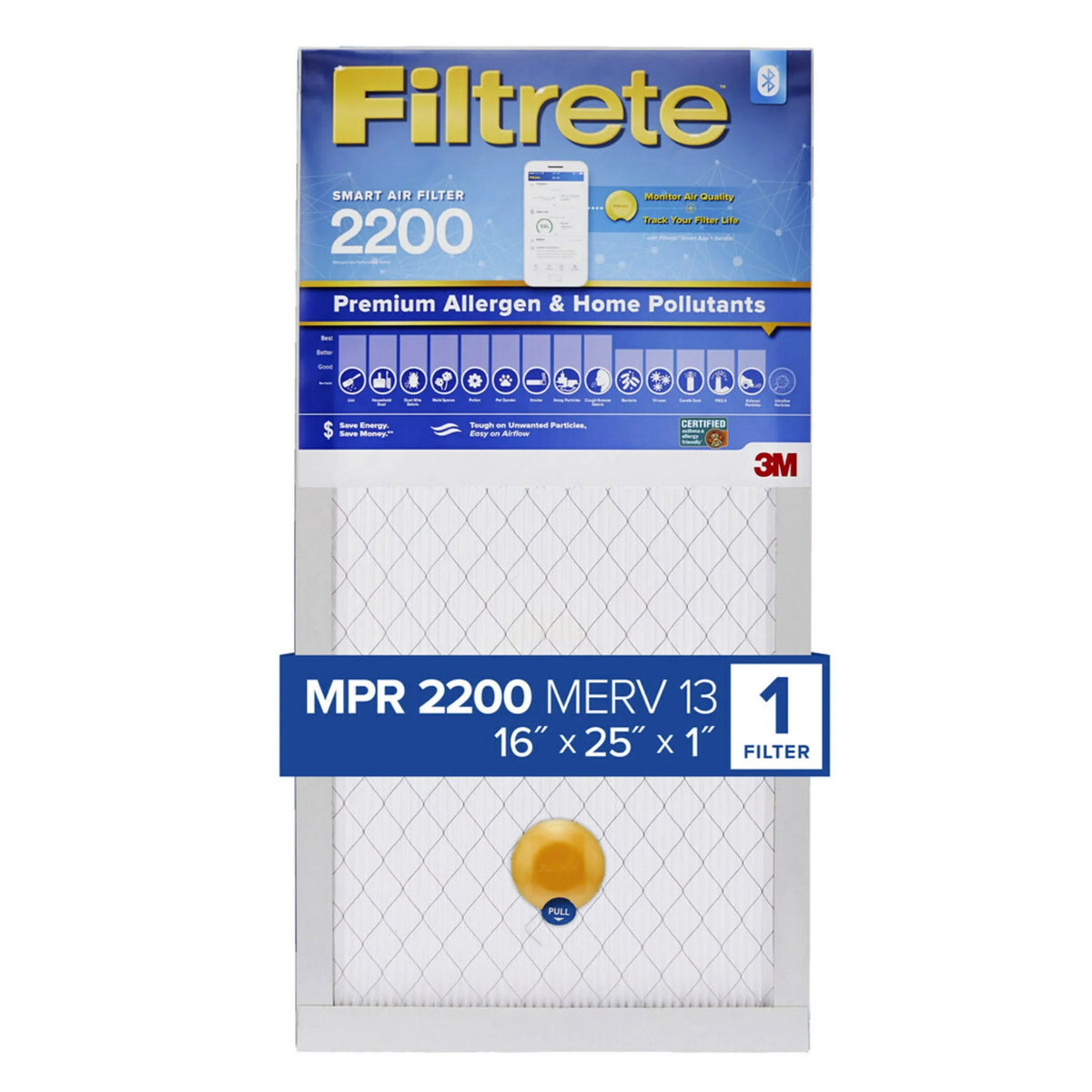 MERV Captures and Viruses, 1 Filter, Pollutants, Smart Premium 13, Filter Allergen Filtrete & MPR Bacteria Home 16x25x1 2200 Air Smoke,
