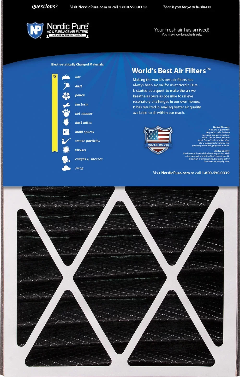 10 Pack Filter Replacement (4 16x25x5 AC 7/8) Carbon MERV 2 Plus Bear Air