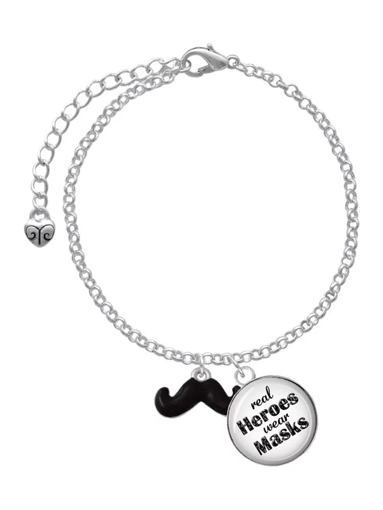 Real Jewelry Enamel Black Delight Small Heroes Dome Bracelet Masks Charm Mustache Wear Silvertone