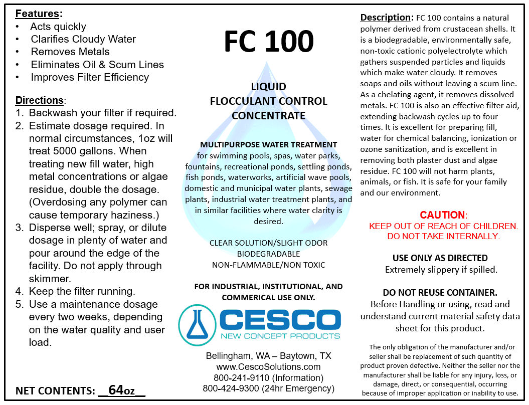 for - Pond, Cleaning Pool Chemicals Safe Oz Flocculant Eco-Friendly, Solutions Pool Liquid Cesco Water - Spa - Pool, Swimming 64 FC-100 - Concentrated Supplies Clarifier Non-Toxic