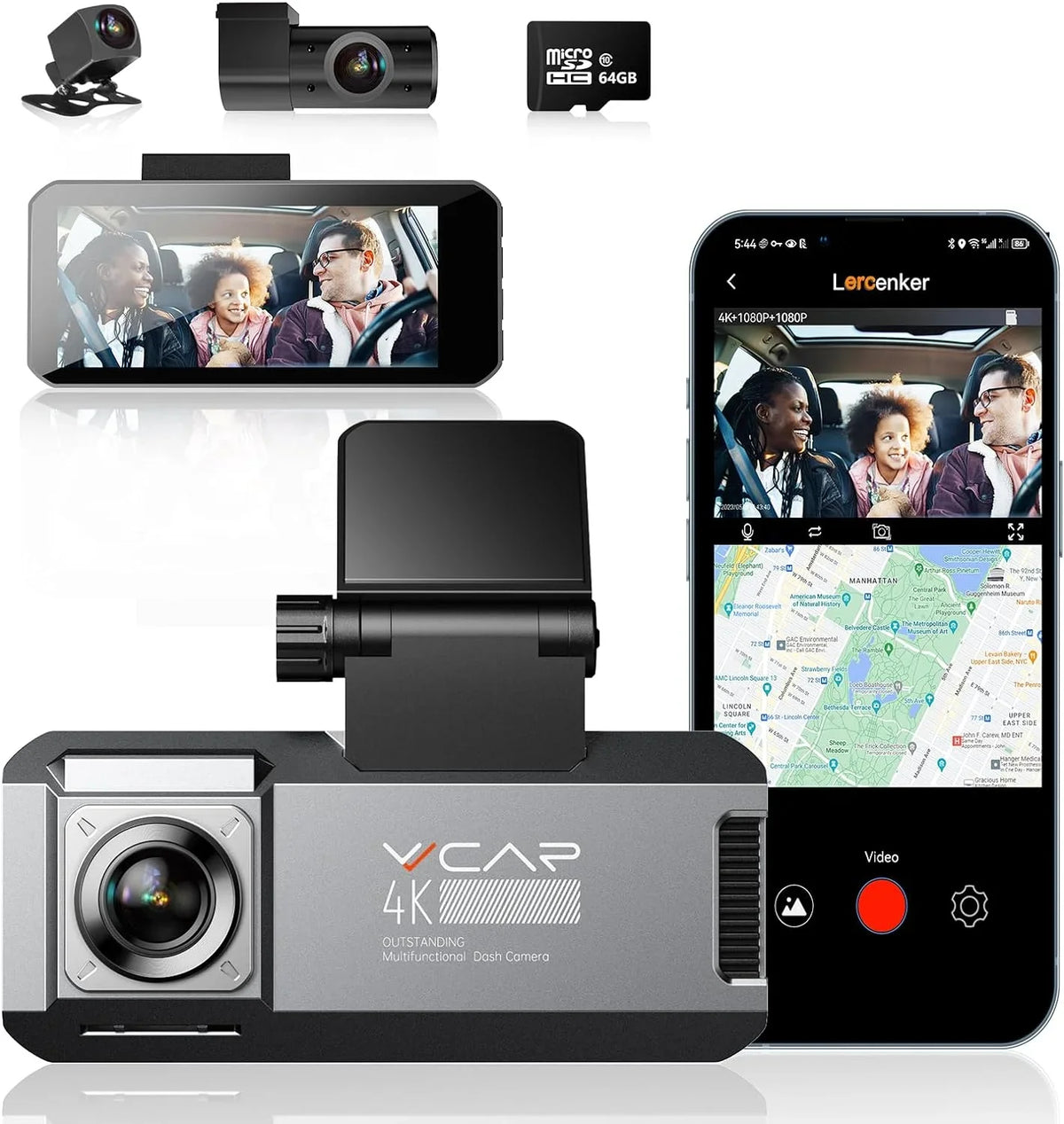 GPS 64GB Cam Mode 5K 3 Car Dash WiFi Inside with Front Camera Card R39 IPS VVCAR Dashboard Parking Recorder Rear 3.99" Channel