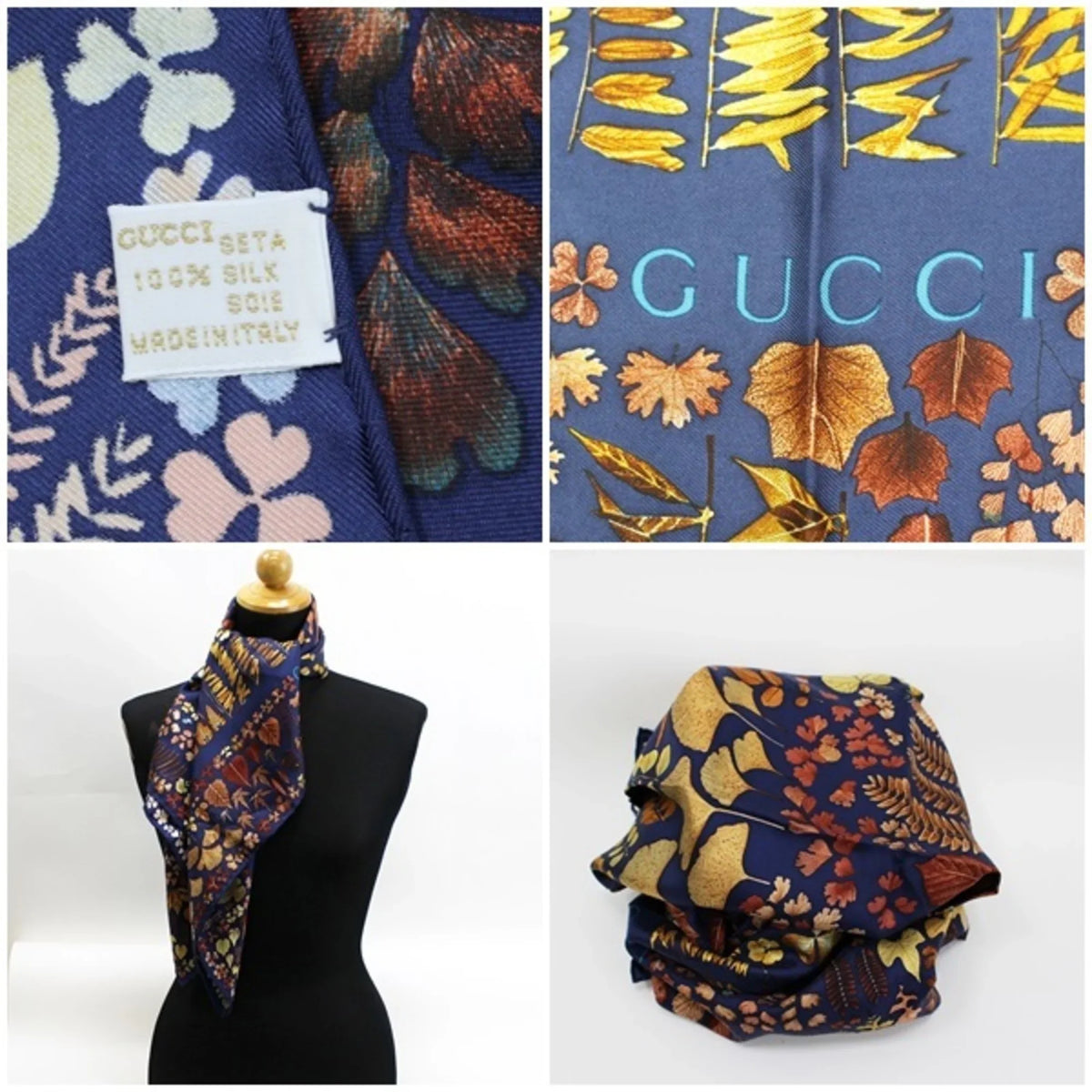 Pattern Gucci Navy Fallen x Pre-Owned Scarf (Good) Ladies Brown Leaves GUCCI Silk Muffler