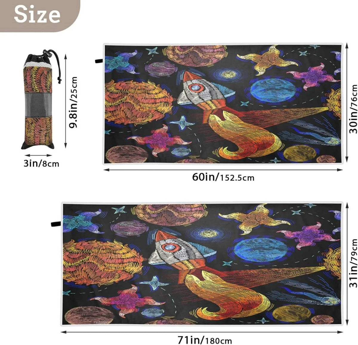 Dry Compact Swimming Oversized Bestwell - Towel Super - Travel Lightweight Towel Holiday（366） for Camping Embroidered Towels Pattern Beach Quick Absorbent Universe