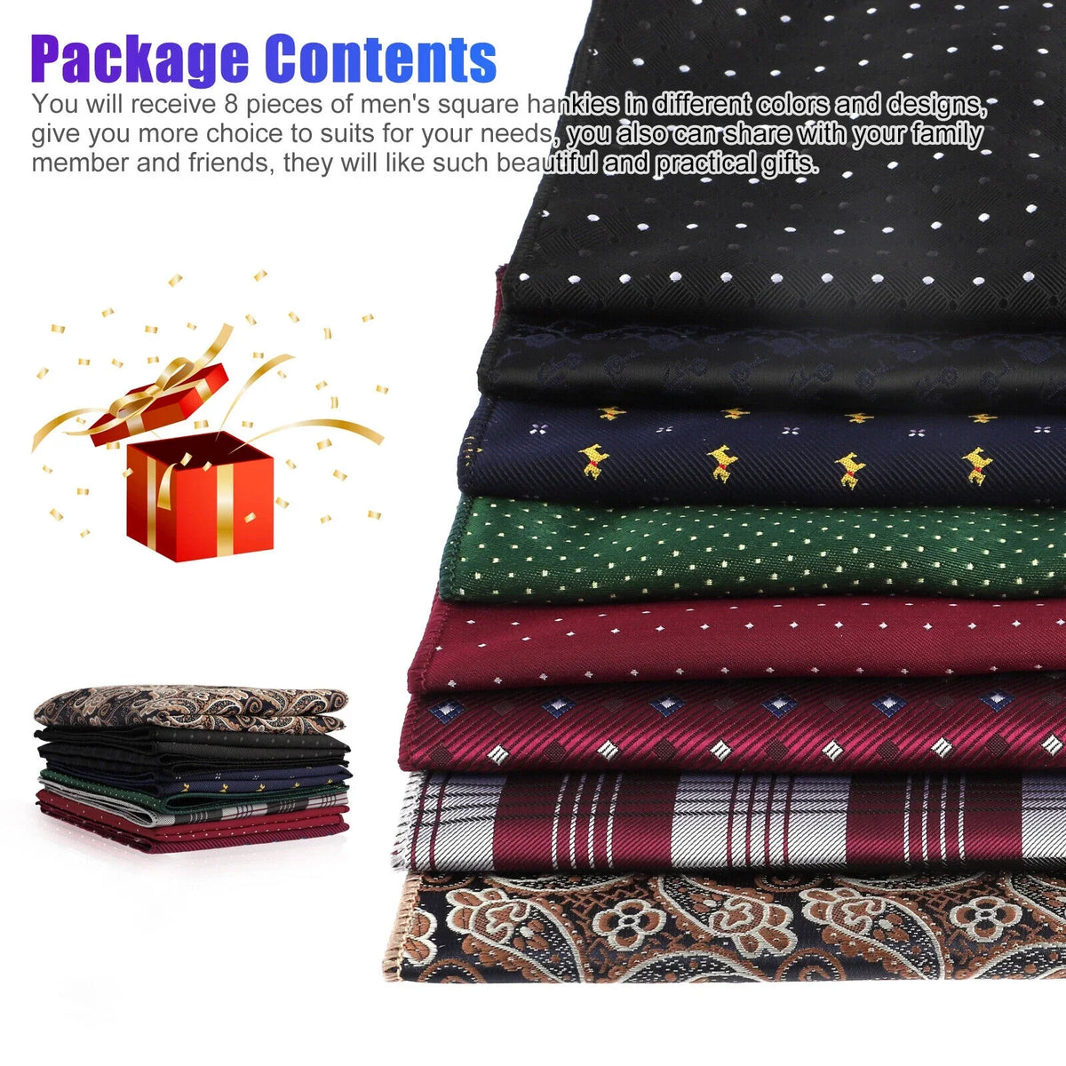 Silk Square Party Dot Handkerchief 8PCS Fashion Pocket Men Wedding Floral Hanky