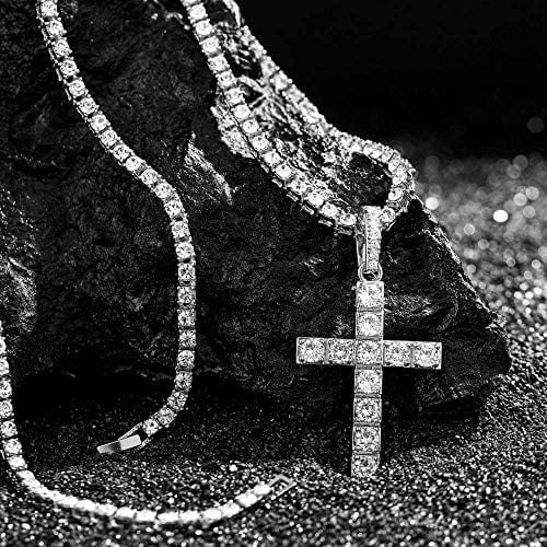 Cross Be (18") Out ZZ Cuban SLV Matching Set Out Set Bracelet 3pc SLV Luxury Charles Choose - - Lit Tennis Raymond & Wristwatch Quartz Necklace Iced Classic Blinged w/Diamond The ST10327RN Mens