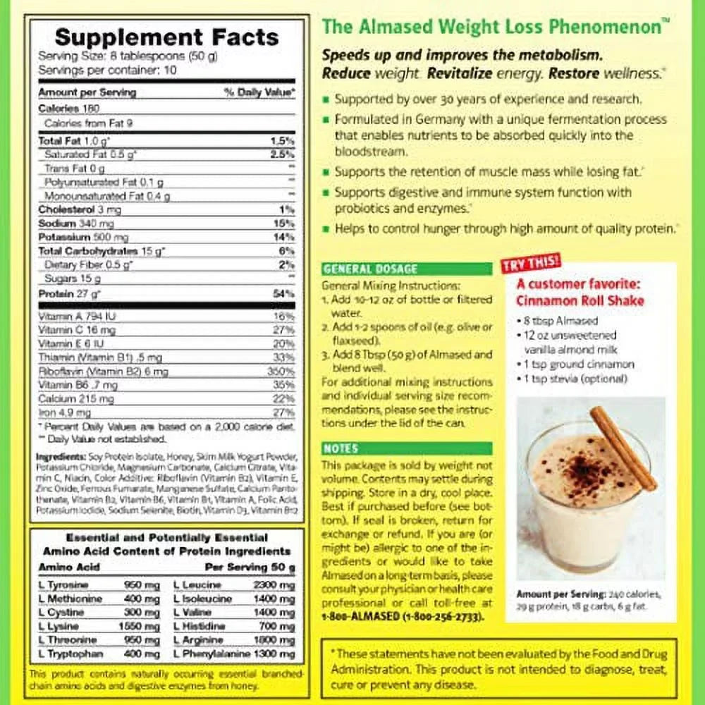 – Flavor, – Replacement Meal shakes oz Loss Powder non-GMO Almased Vanilla 17.6 Gluten-Free, Weight