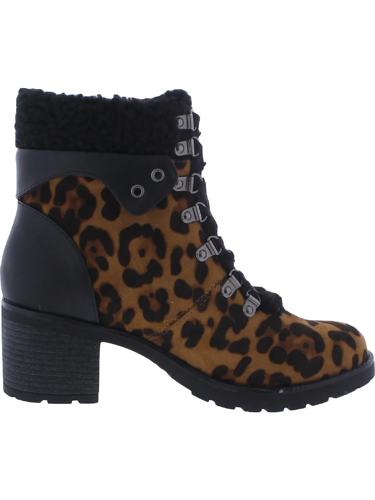 Womens Leopard Trim Hiker Sole Booties Padded Plush Emilia JANE Lug Block Brown Round Print AND 8 THE SHOE Lace-Up Toe Heel