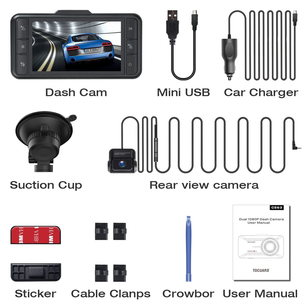 Cam Rear Recording WDR Black Dual IPS Camera GPS Dash Front G-Sensor Dash Camera 1080P FHD Car 3" TOGUARD and Loop