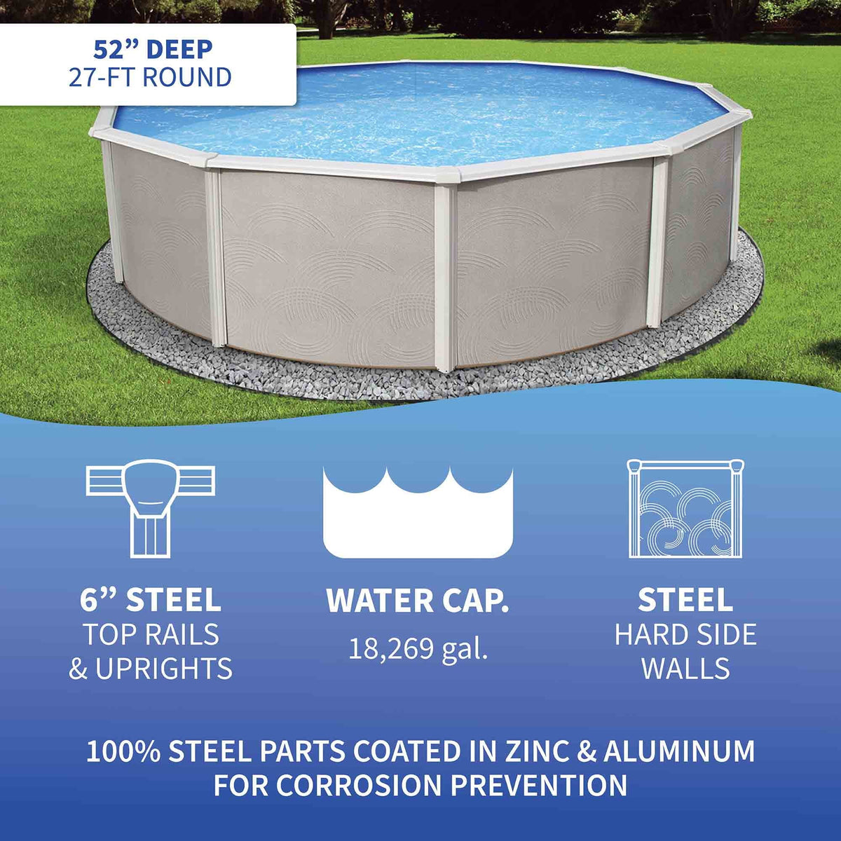 Swimming Wall 52-in Belize Deep Round Package Top Metal 27-ft Rail Pool 6-in