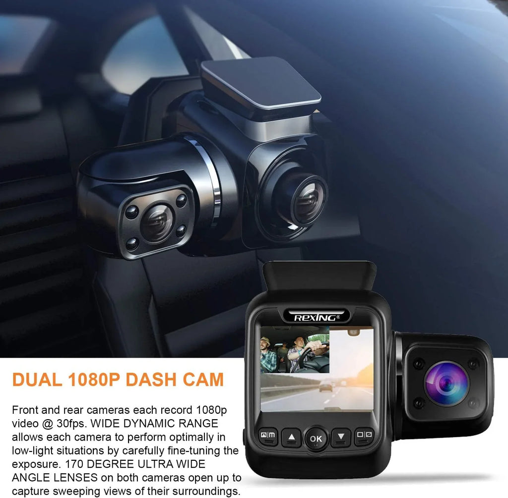 2” LCD Camera - Dual W202 Max Mini 128GB Open Dash BLACK Rexing Front/Cabin Cam Box 1080p
