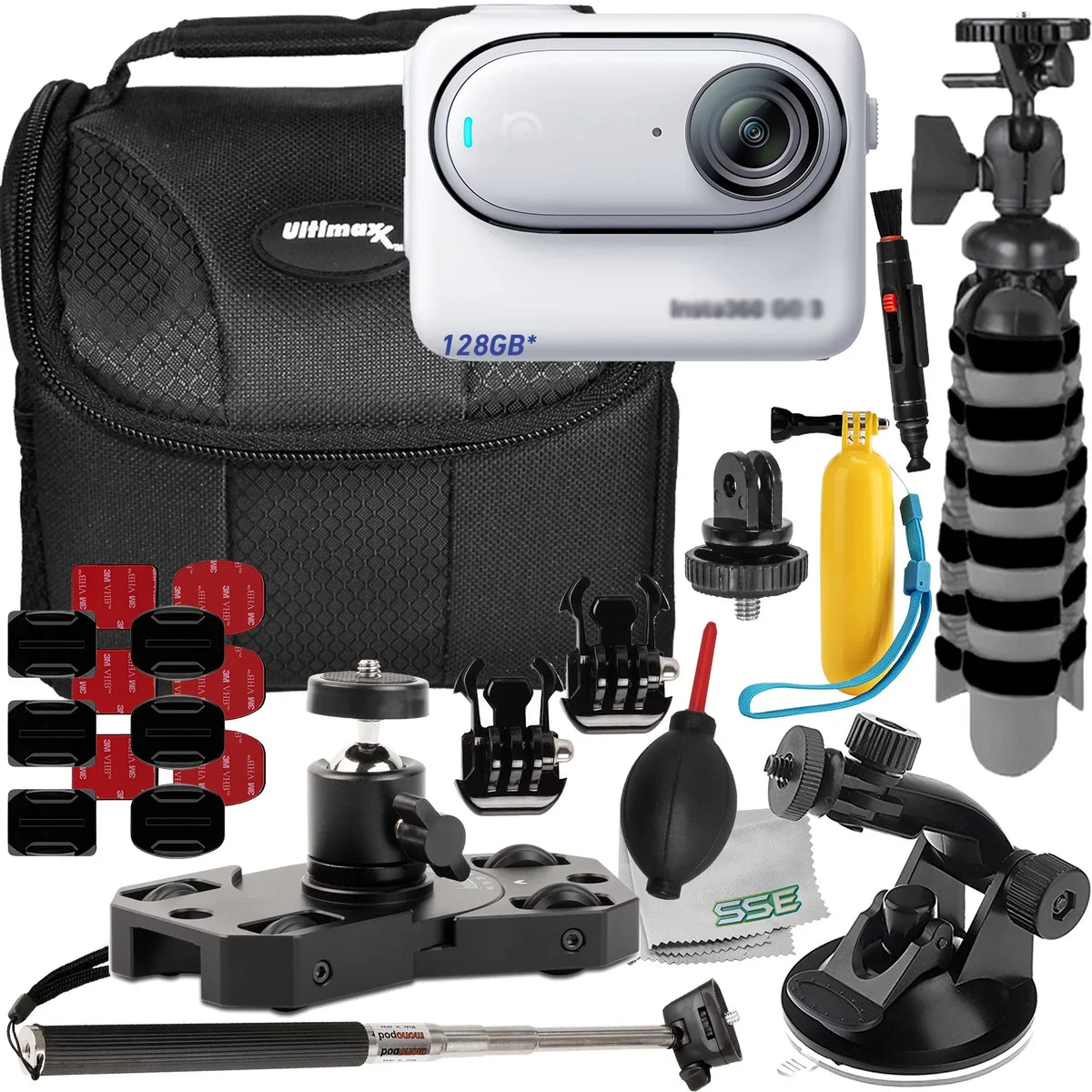 Screw GO Cam Includes: 3 Mounts, (25pc Metal Mini More Bundle Adapter Advanced Bundle) 1/4” Insta360 (128GB) Ultimaxx Action Camera Action - & for Dolly