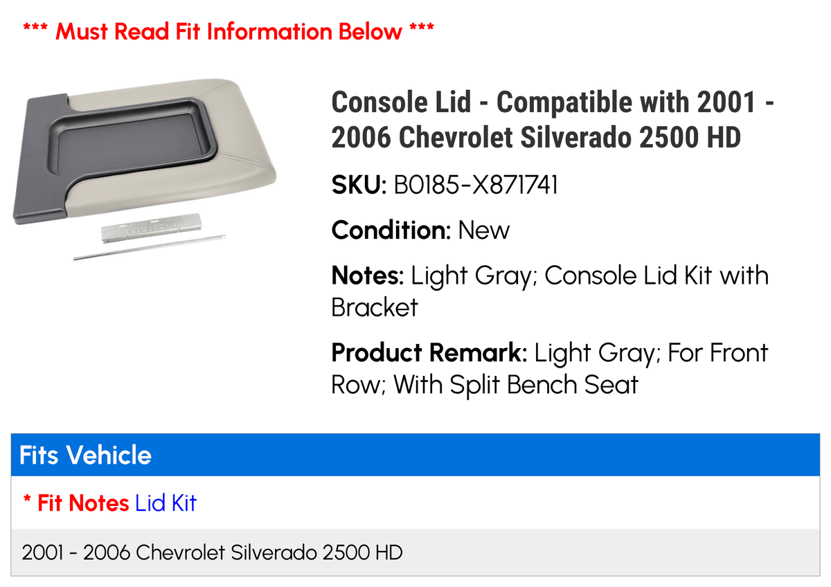 HD Compatible Chevy 2001 2500 2005 Lid - 2006 Console with 2003 2002 2004 - Silverado